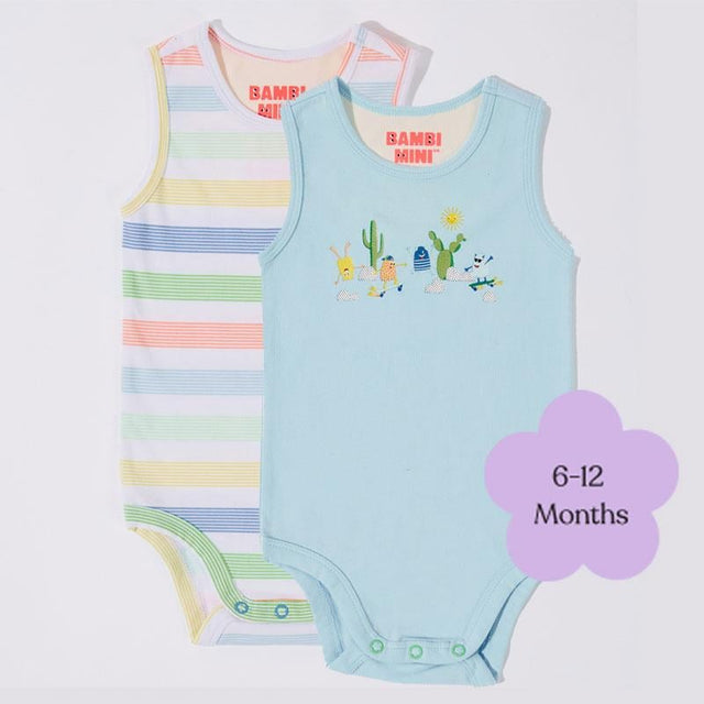 Bộ đồ liền thân Bambi Mini Co. Supersinglet 6-12 tháng màu xanh pha lê và sọc 2 gói